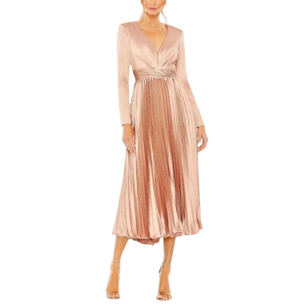 Mac Duggal 27148 Rose Pink Cocktail Dress Satin Long Sleeve A-Line Midi Size 16